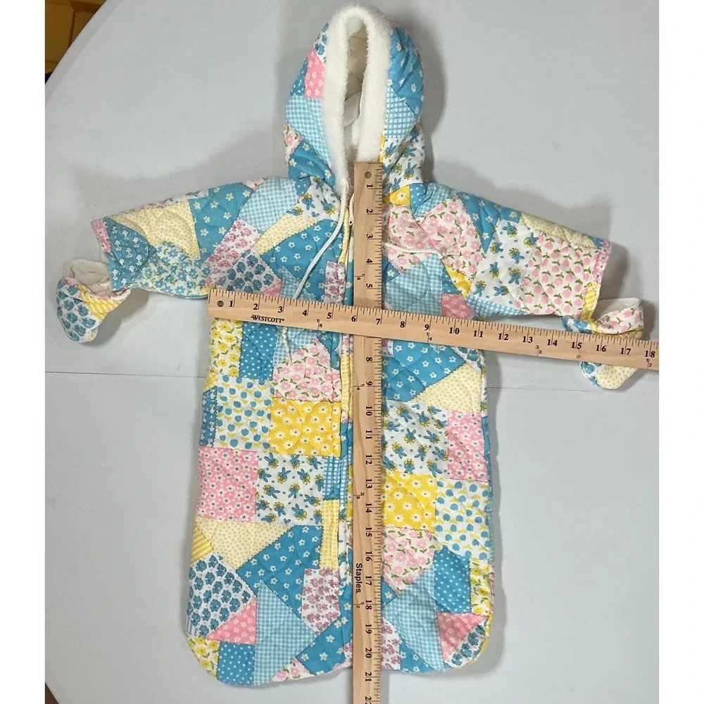 VTG 70s Patchwork Quilted Baby Bunting Snowsuit Hood Pastel Floral Gingham Blue
